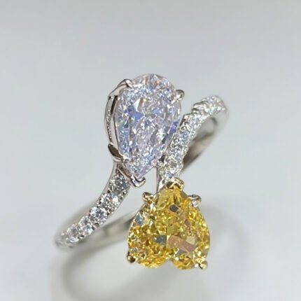 Double Stone Ring with White Pear  Heart Moissanite
