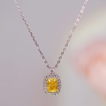 Minimalist Gold Plated Silver Lab-Created Yellow Diamond Necklace - Princess Style Cushion Cut with Zirconia Halo