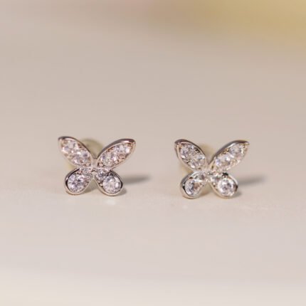 Elegant Rhodium Plated Silver Butterfly Earrings with Bezel Set Round Zirconia - Sparkling Wing Design Gift for Wedding/Birthday/Mother’s Day/Christmas