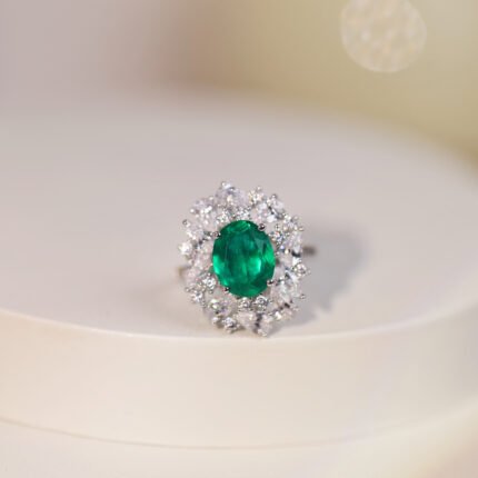 Oval Lab-Grown Emerald Ring with Staggered Pear & Round Zirconia Setting - Gold Plated Silver Ring