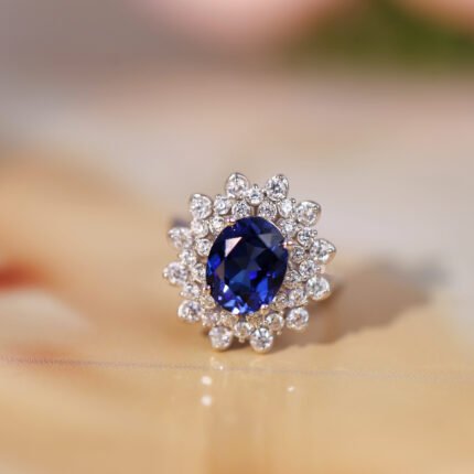 Oval Lab-Grown Sapphire Ring with Triple Zirconia Circles - Rhodium Plated Sterling Silver