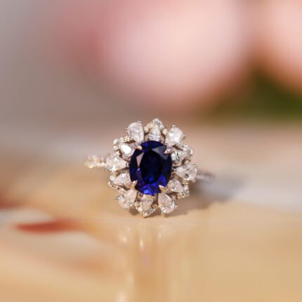 Oval Lab-Grown Sapphire Ring with Pear-Shaped Zirconia Sunflower Design - Rhodium Plated Geometric Aesthetic Ring
