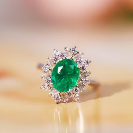 Oval Lab-Grown Emerald Ring with Alternating Baguette & Round Zirconia Halo - Rhodium Plated Silver (Perfect Christmas & New Year Gift)