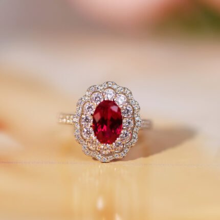 Oval Lab-Created Ruby Ring with Double Zirconia Halos and Micro-Pave Band - Affordable Luxury in Rhodium Plated Silver