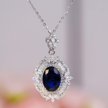 Oval Lab-Created Sapphire Pendant with Emerald-Cut Zirconia Halo and Marquise Diamond Accents - Rhodium Plated Sterling Silver Necklace Gift for Wedding/Birthday/Mother’s Day/Christmas