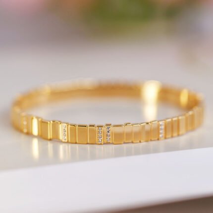 Geometric Gold Plated Silver CNC Bracelet with Zirconia Accents - Precision Engineered Luxury